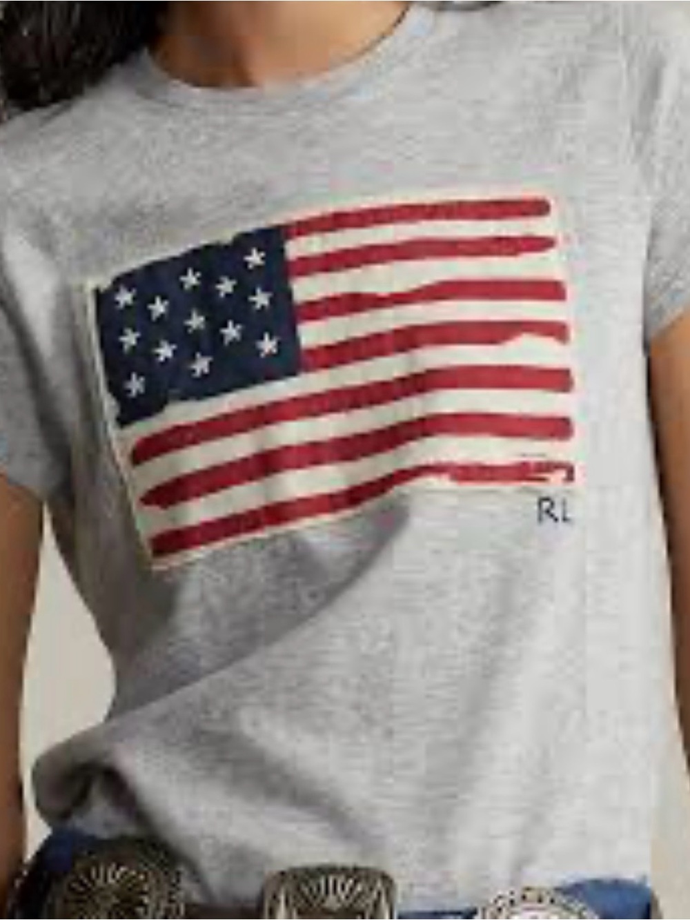 Polo Ralph Lauren Women's Grey Tee Shirt Distressed American Flag / RL Logo Sz S